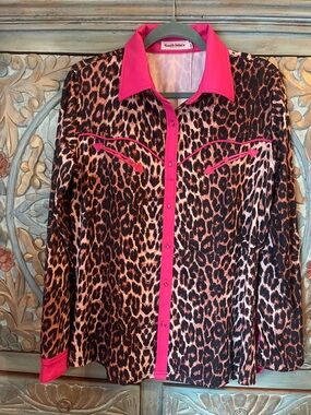 Leopard Print Button-Down Shirt with Hot Pink Trim